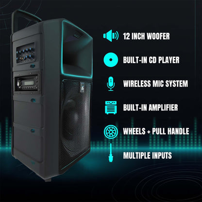 12" Portable PA Sound System with CD Player & Wireless Mics